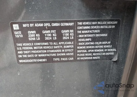 2011 Buick Regal Cxl Turbo Russelsheim from USA, damaged, VIN W04GX5GV7B1046361